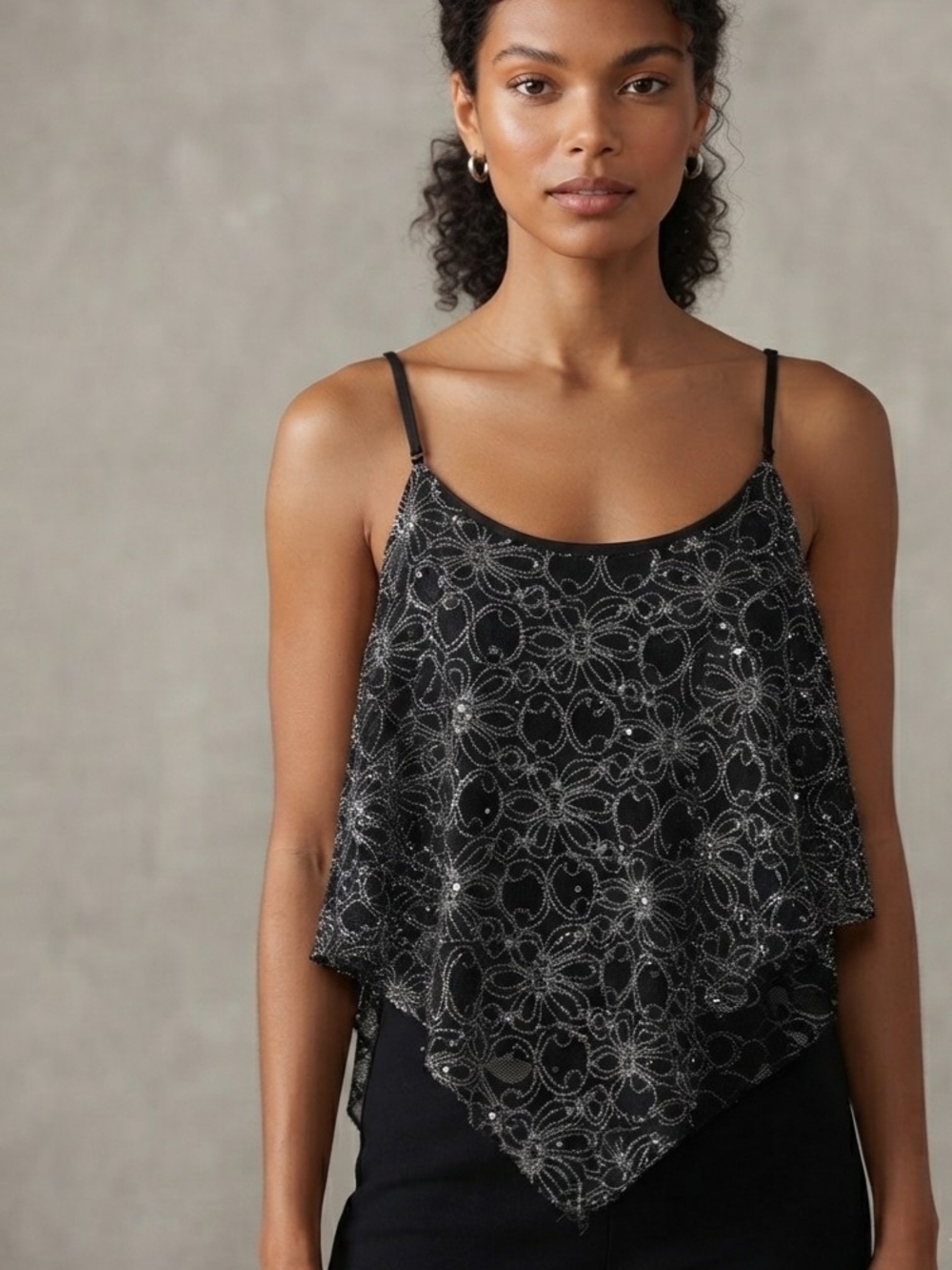 NWT Body Central Black Silver Metallic Lace Sequin Handkerchief Hem Camisole XL